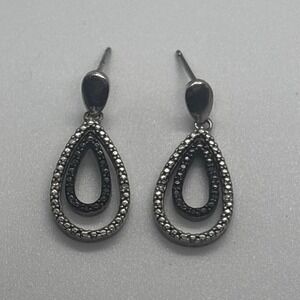 Sterling Silver 925 Double Teardrop Black White Stone Pavé Drop Earrings Women